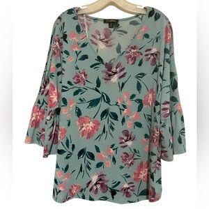 Roz & Ali Floral V-Neck Blouse - Teal and Pink